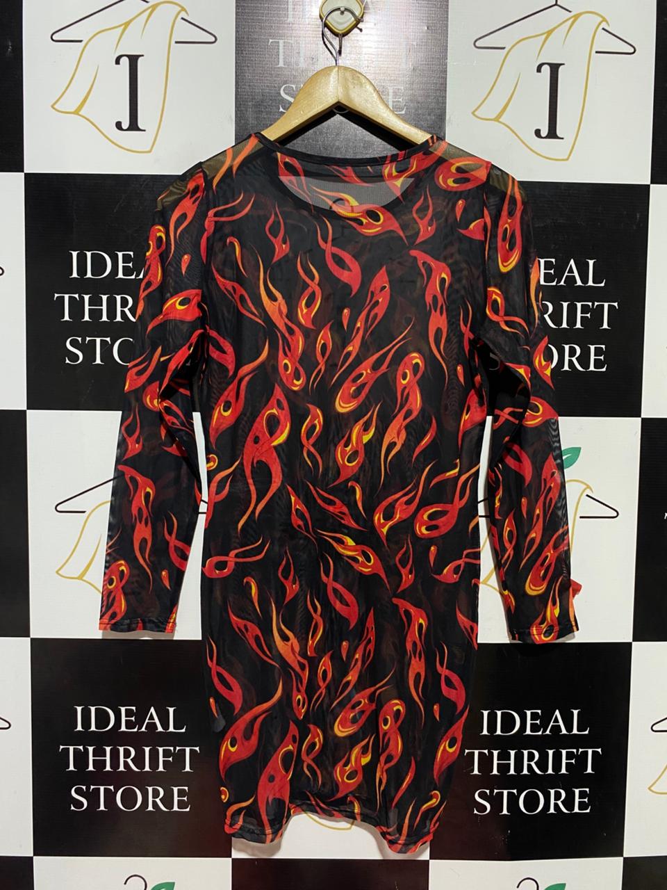 |M| BUST 17| B40| BLACK SHEER MESH FLAME PRINT LONG SLEEVE BODYCON MINI DRESS