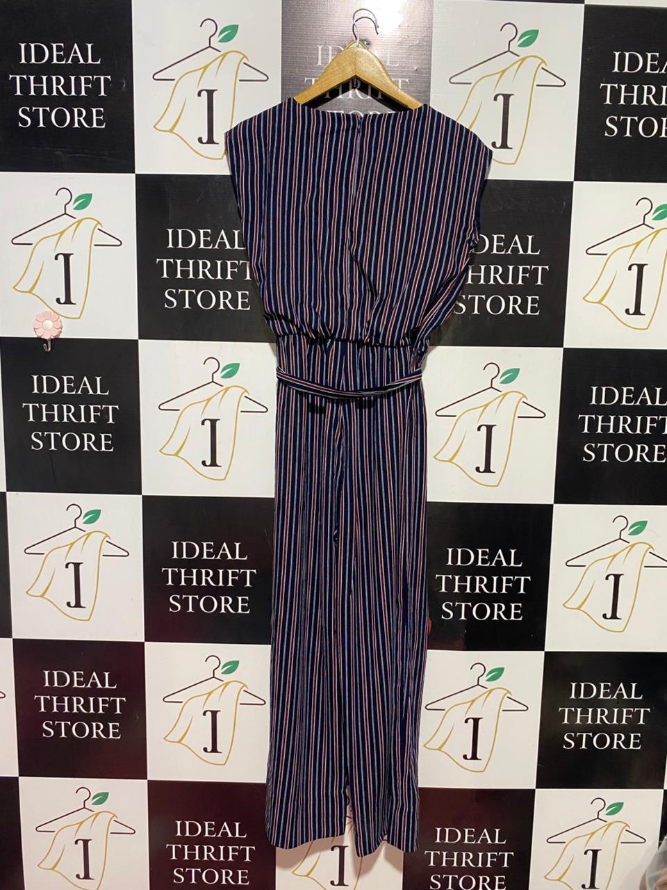 ENFOCUS |M| BUST 18| B40| NAVY BLUE STRIPED WIDE-LEG JUMPSUIT SLEEVELESS TIE-WAIST ONE-PIECE