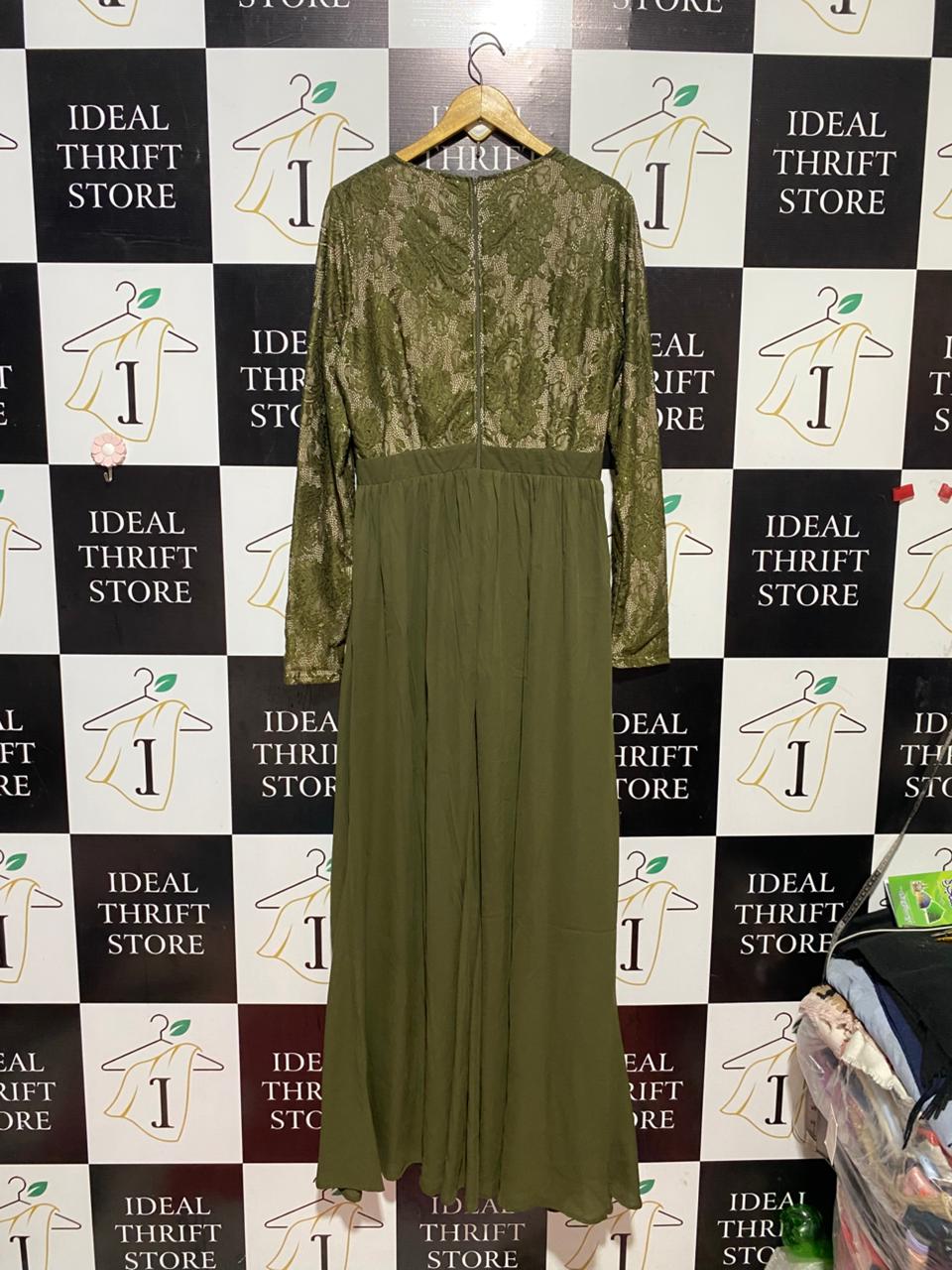 AQUARIUS |L| BUST 19| B41| OLIVE GREEN LACE TOP MAXI DRESS