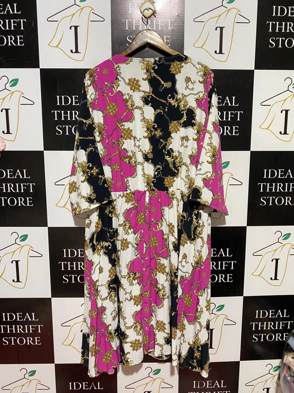 GEORGE |XL| BUST 26| B40| VIBRANT MAGENTA AND BLACK REGAL MOTIF MAXI DRESS