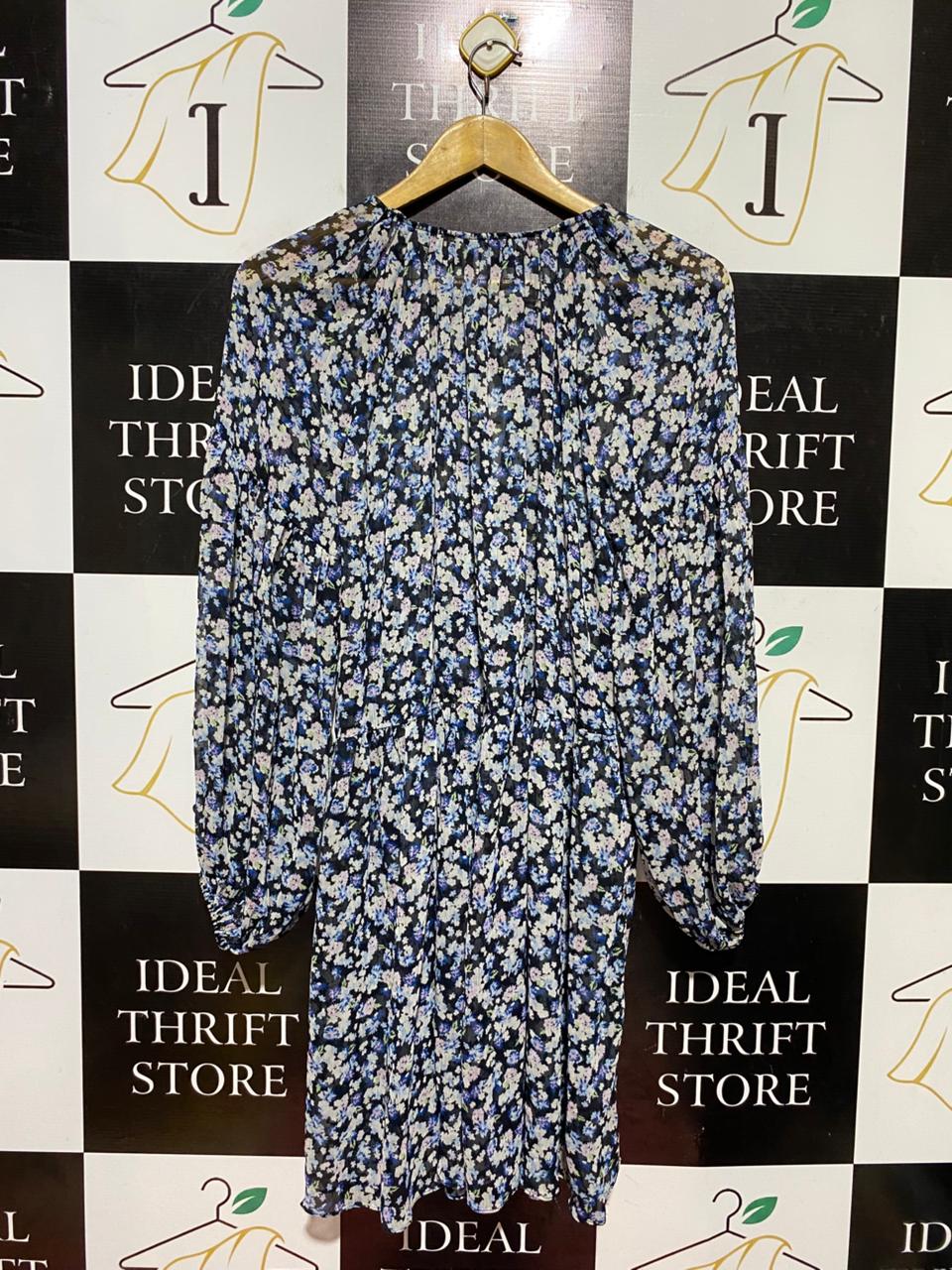 H&M |M| BUST FREE| B40| FLORAL PRINT LONG BALLOON SLEEVE MINI DRESS WITH TIE NECK