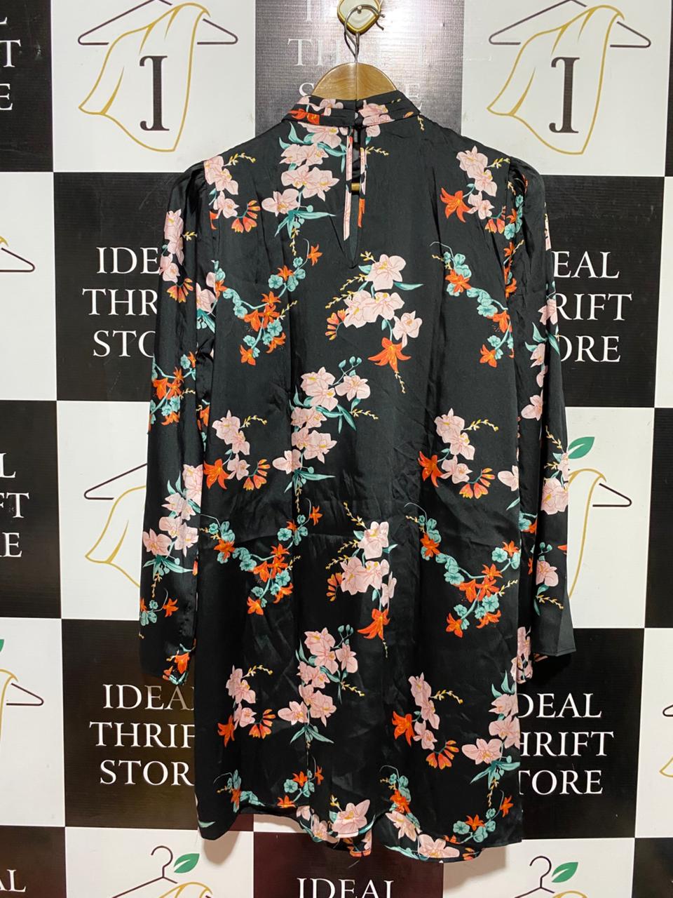 RIVER ISLAND |M| BUST 19| B40| FLORAL PRINT HIGH NECK SATIN MINI DRESS WITH LONG SLEEVES