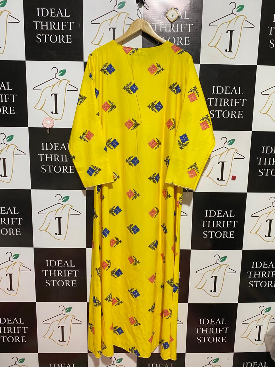 FASHION |XL| BUST 23| B40| YELLOW GEOMETRIC MOTIF LONG SLEEVE MAXI DRESS
