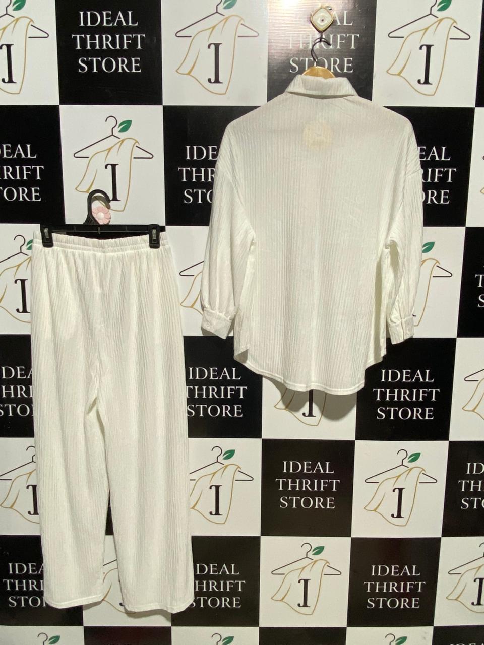 LOVELY LODY |S| B41| OFF-WHITE CRINKLE TEXTURED OVERSIZED BUTTON-DOWN CO-ORD SET