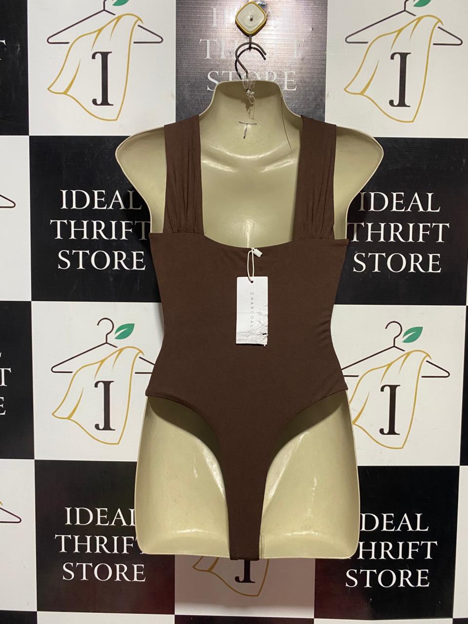 CHARCOAL |XS| BUST 16| B41| CHOCOLATE BROWN CROSSOVER HALTER NECK BODYSUIT
