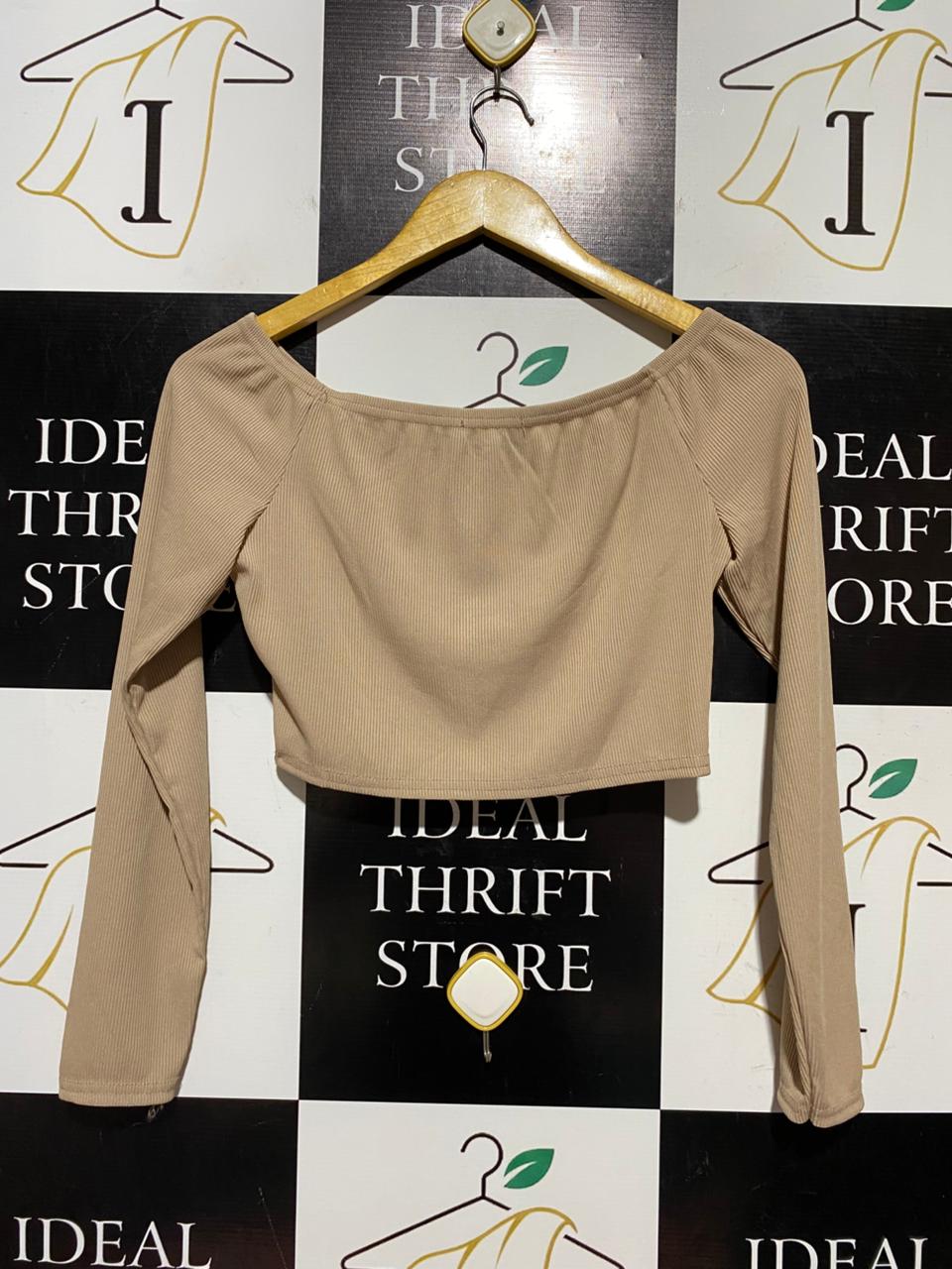 PRETTYLITTLE THING |M| BUST 16| B42| BEIGE RIBBED OFF-SHOULDER LONG SLEEVE CROP TOP