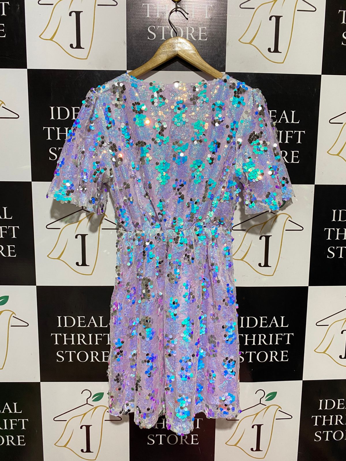SOME THING SARAH |M| BUST 17| B42| PURPLE SEQUIN SURPLICE FAUX WRAP PARTY MINI DRESS