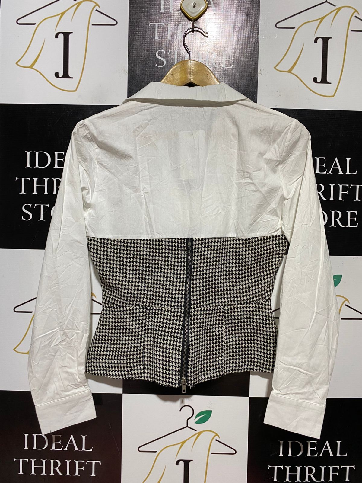 VALLEY GIRL |S| BUST 17| B43| HOUNDSTOOTH CORSET BLOCKING LONG SLEEVE BLOUSE SHIRT