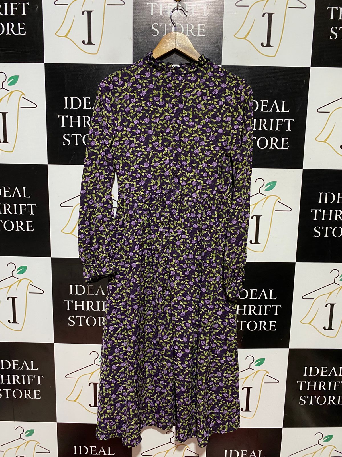 KUASHIDA |S| BUST 16| B43| PURPLE DITSY FLORAL RUFFLE MOCK NECK LONG SLEEVE MIDI DRESS