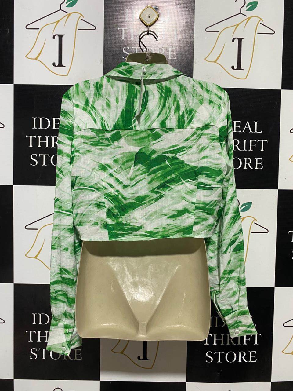 KOOKAI |L| BUST 20| B43| GREEN ABSTRACT SWIRL PRINT LONG SLEEVE FRONT TIE CROP BLOUSE RESORT WEAR