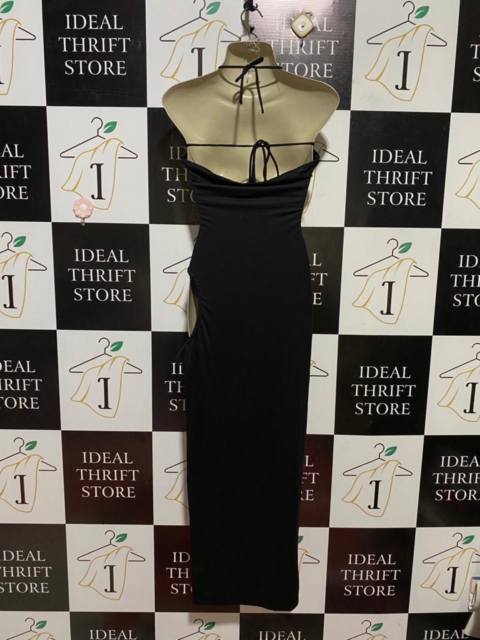 THATSSOFETECH |S| BUST 16| B43| BLACK HALTER BODYCON MAXI DRESS UNDERWIRE BUST SIDE RUFFLE DRAWSTRING GOWN