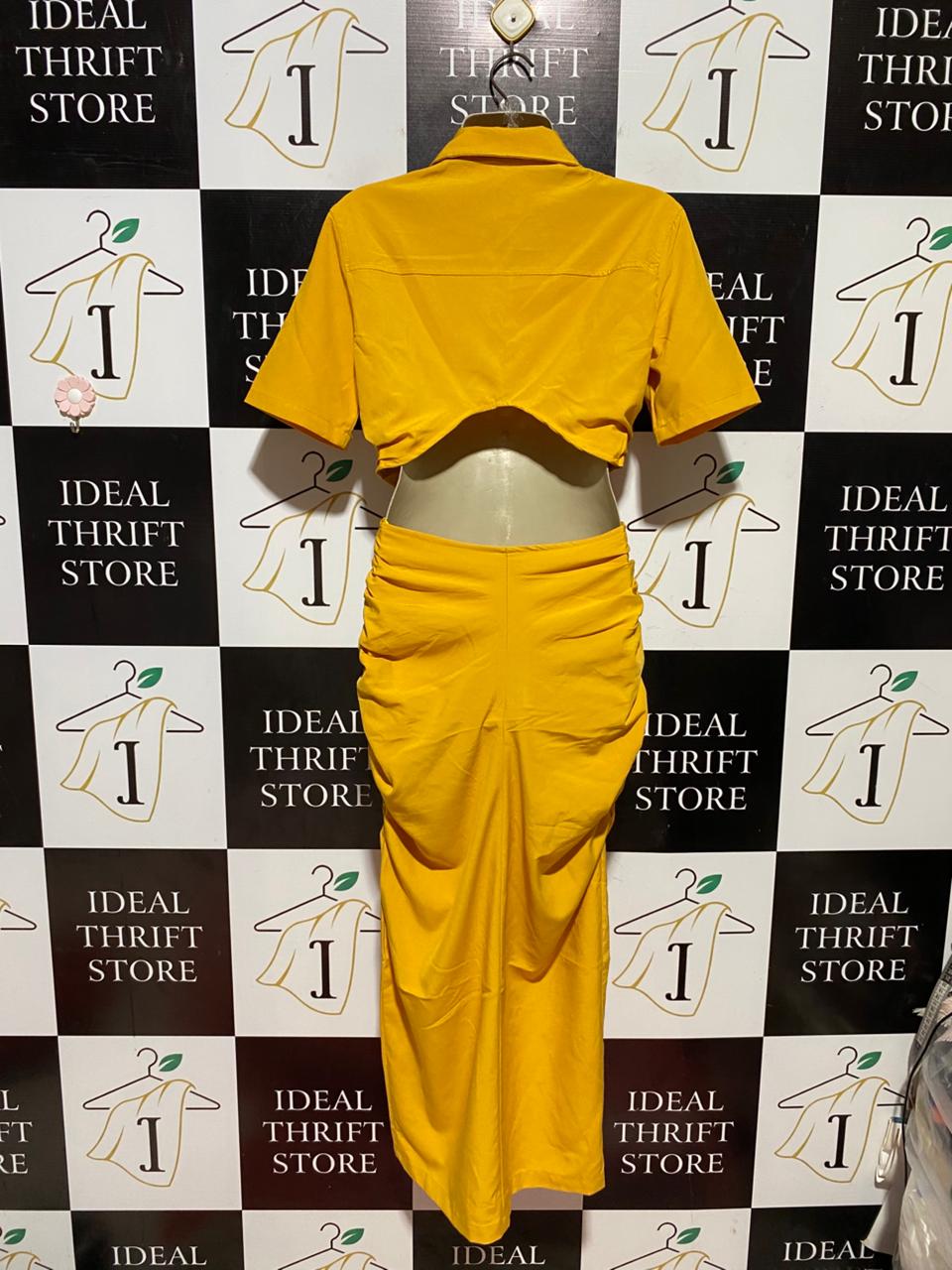SHEIN |M| BUST 18| B43| MUSTARD YELLOW BUTTON FRONT SHIRTDRESS WAIST CUTOUT RUCHED MAXI DRESS