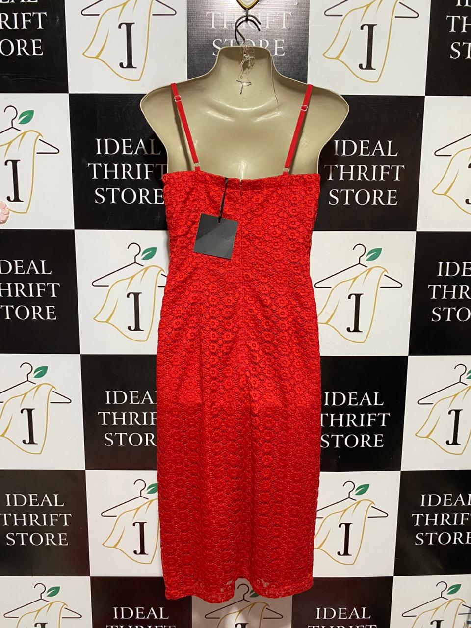 GEORGE |S| BUST 17| B43| RED EYELET LACE SPAGHETTI STRAP COCKTAIL DRESS V-NECK SHEATH MIDI SLIP DRESS