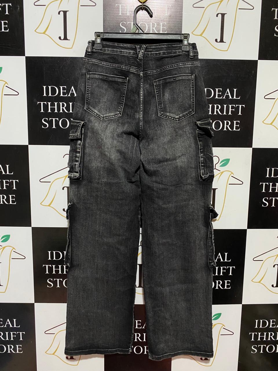 DAISY |M| WAIST 28| B42| BLACK WASHED DENIM MULTI POCKET CARGO PANTS HIGH WAISTED WIDE LEG UTILITY JEANS
