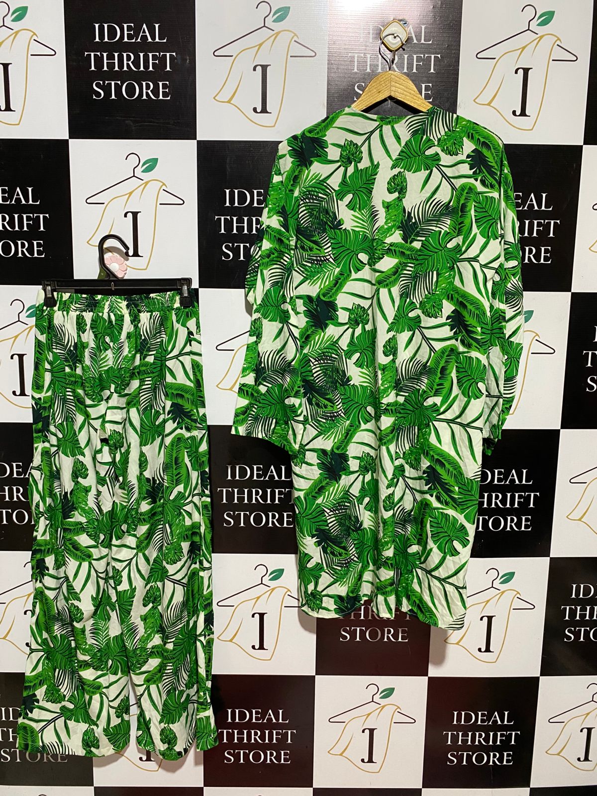 BOOHOO |S| B42| GREEN TROPICAL LEAF PRINT TWO PIECE SET LONG KIMONO CARDIGAN WIDE LEG PANTS CO-ORD