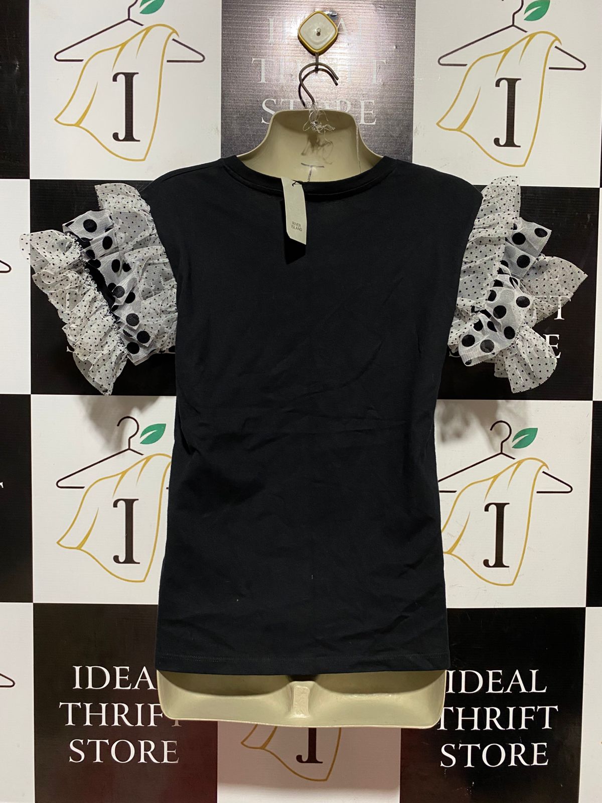 RIVER ISLAND |M| BUST 18| B42| BLACK MORE L'AMOUR GRAPHIC TEE POLKA DOT RUFFLED MESH SLEEVE T-SHIRT