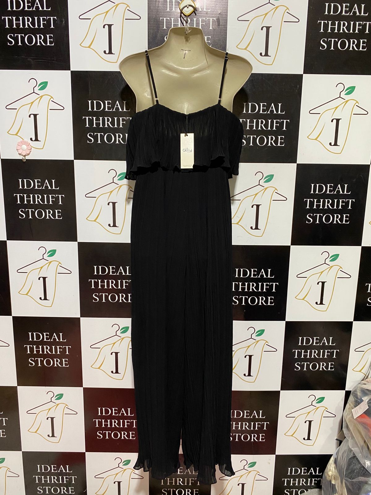 ALLY |M| BUST 17| B44| BLACK PLEATED SPAGHETTI STRAP JUMPSUIT WITH RUFFLE OVERLAY COCKTAIL PARTY EVENING WEAR
