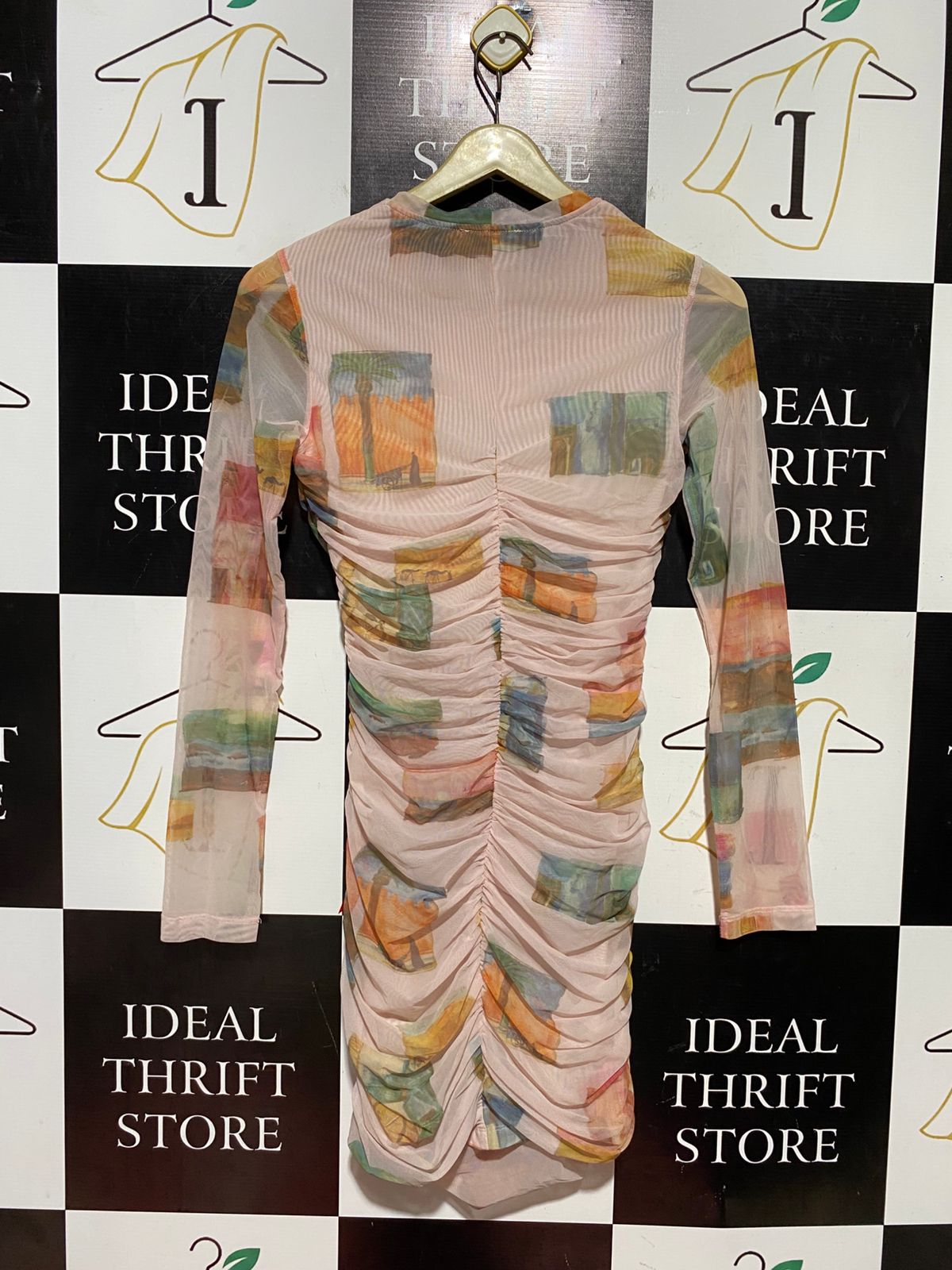 ROAME |S| BUST 14| B43| MULTICOLOR POSTCARD LANDSCAPE PRINT MESH LONG SLEEVE RUCHED BODYCON MINI DRESS