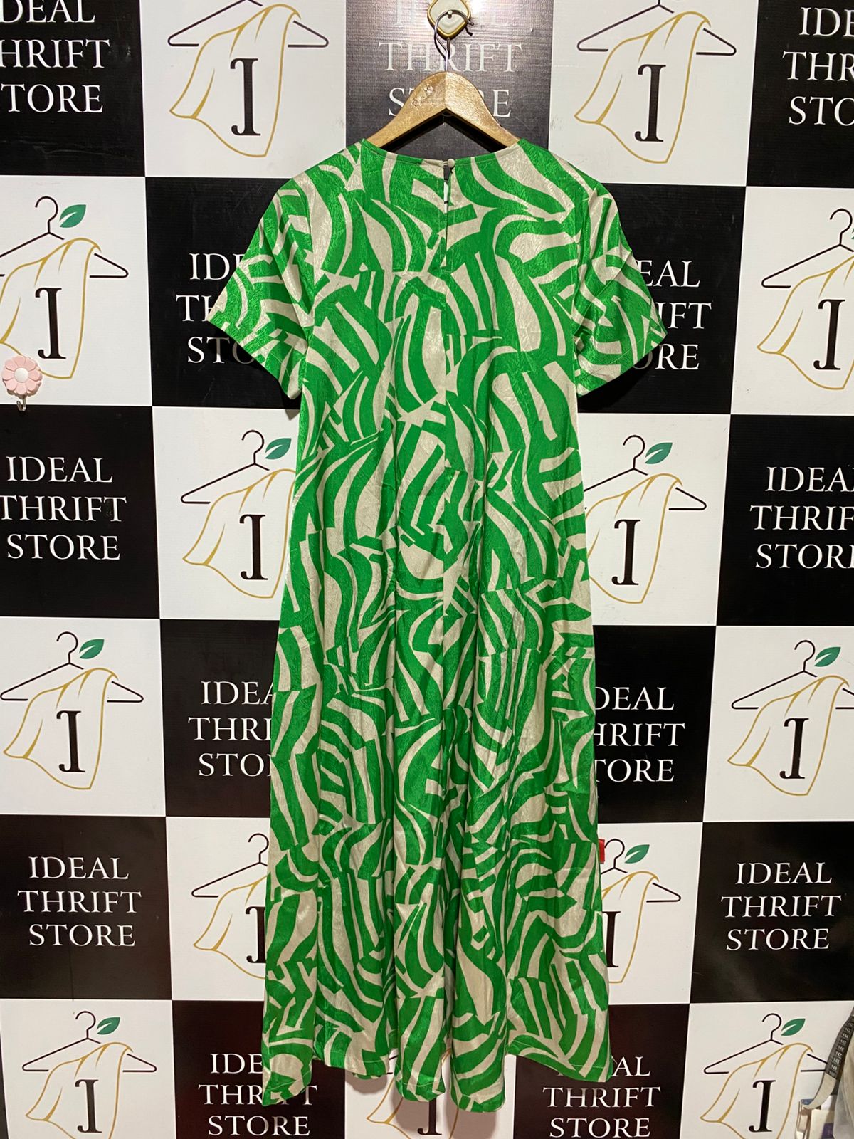 DECJUBA |M| BUST 18| B43| GREEN METALLIC ABSTRACT MIDI MAXI DRESS SHORT SLEEVE A-LINE