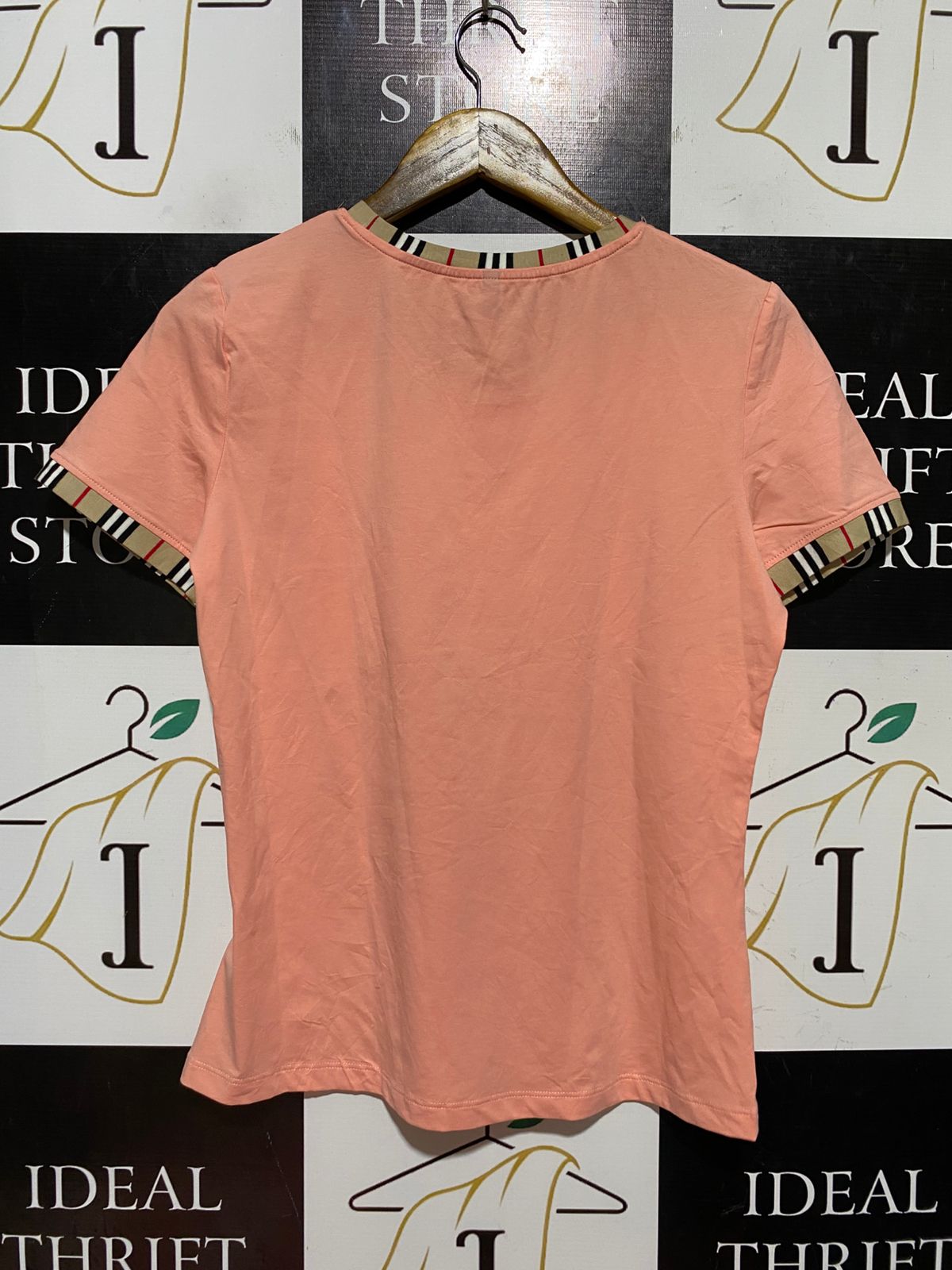|M| BUST 18| B45| PEACH SHORT SLEEVE T-SHIRT WITH PLAID TRIM DETAILS