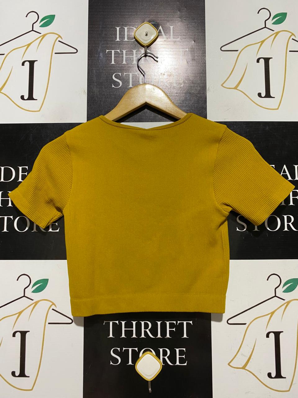VERO MODA |XS| BUST 13| B45| MUSTARD YELLOW RIBBED SHORT SLEEVE CROP TOP