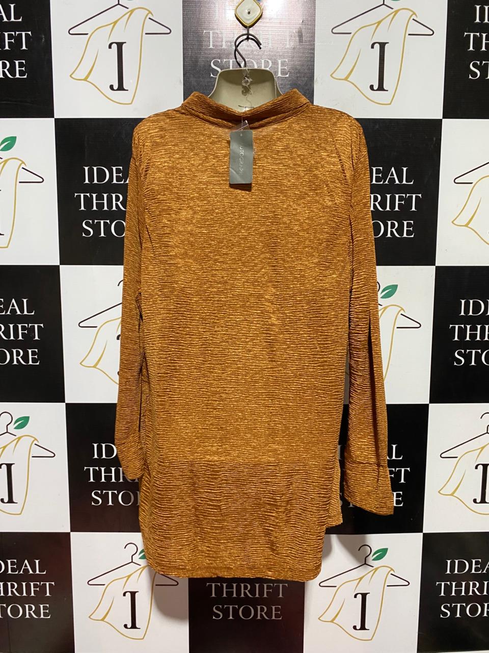 AUTOGRAPH |M| BUST 21| B44| MUSTARD GOLD CRINKLE PLISSE SHIRT DRESS - LONG SLEEVE TWIST FRONT BUTTON UP TUNiC