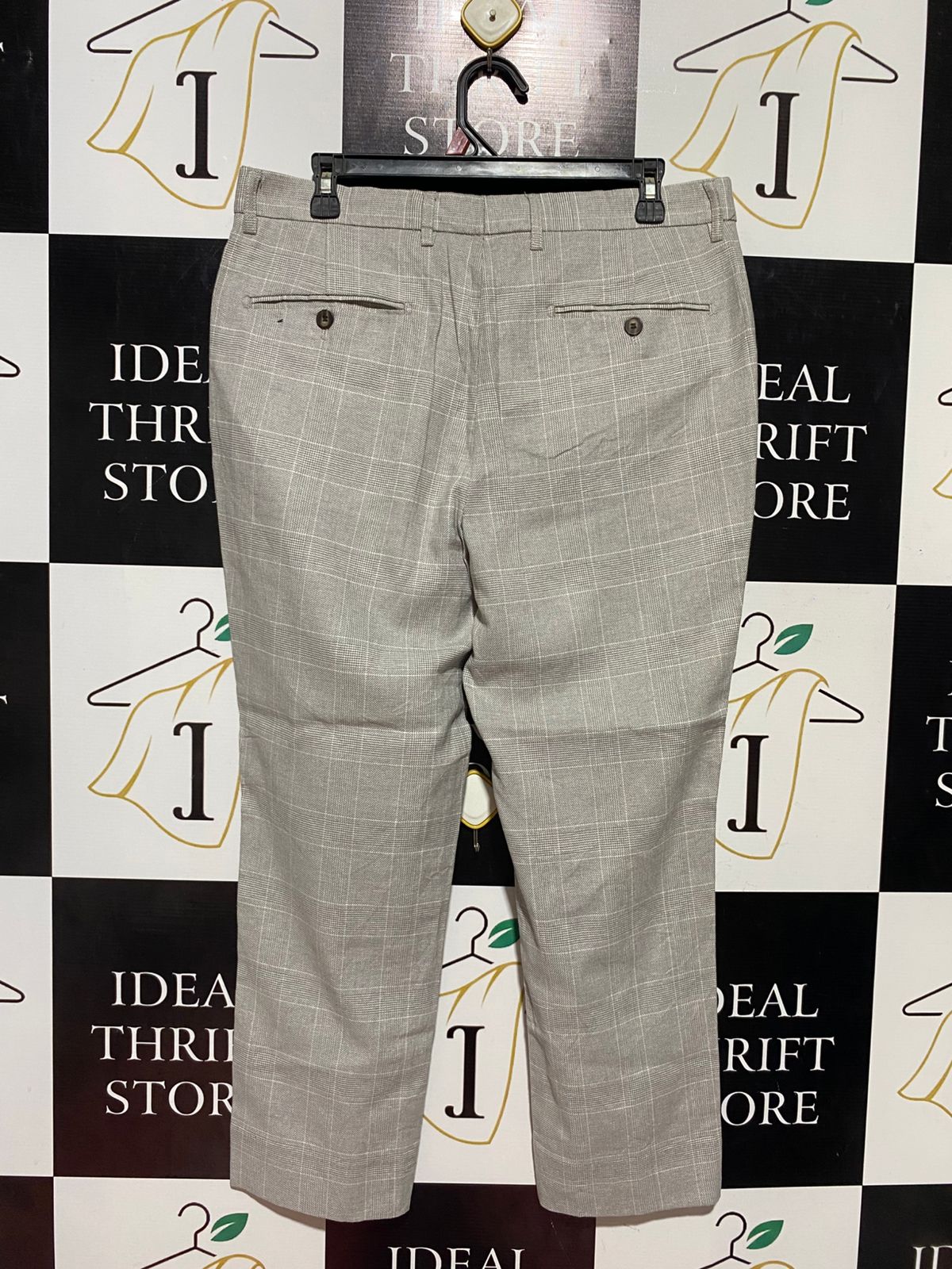 CONNOR |L| WAIST 33| B44| LIGHT GREY GLEN PLAID DRESS PANTS - SLIM FIT TAPERED SMART CASUAL TROUSERS