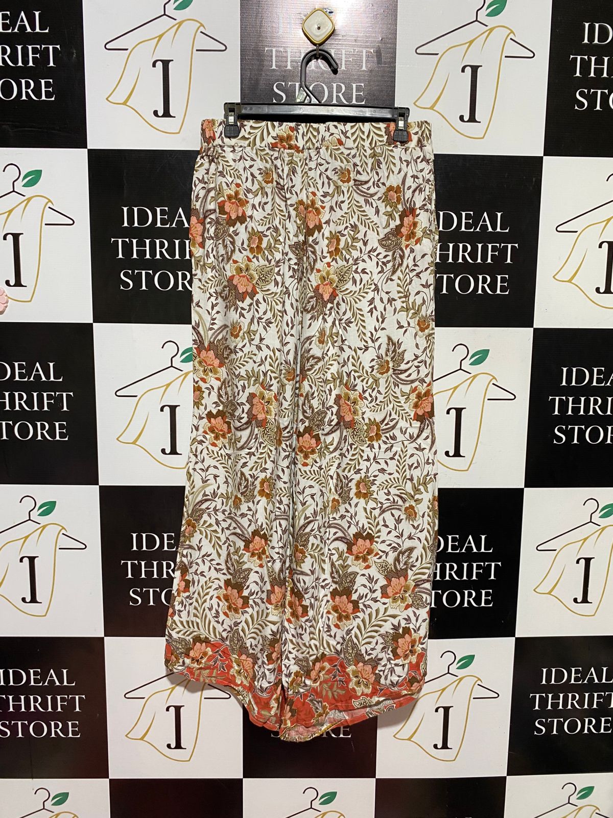 IRIS MAXI |L| WAIST 29| B44| VINTAGE BOHO FLORAL PRINT PALAZZO PANTS WITH DRAWSTRING WAIST AND BORDER HEM
