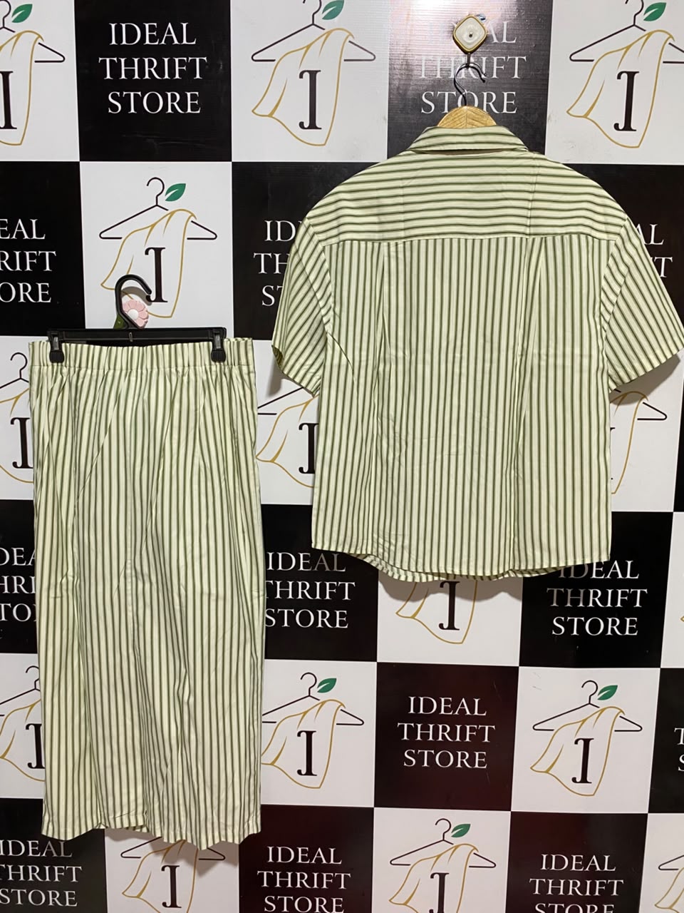 HARLAND |L| B46| SAGE GREEN STRIPED SHORT SLEEVE BUTTON DOWN SHIRT AND MIDI SKIRT CO-ORD SET