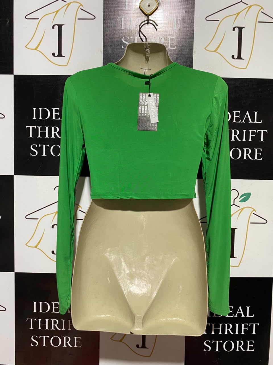 REBELLIOUS |S| BUST 16| B45| BRIGHT LIME GREEN LONG SLEEVE CUTOUT CROP TOP