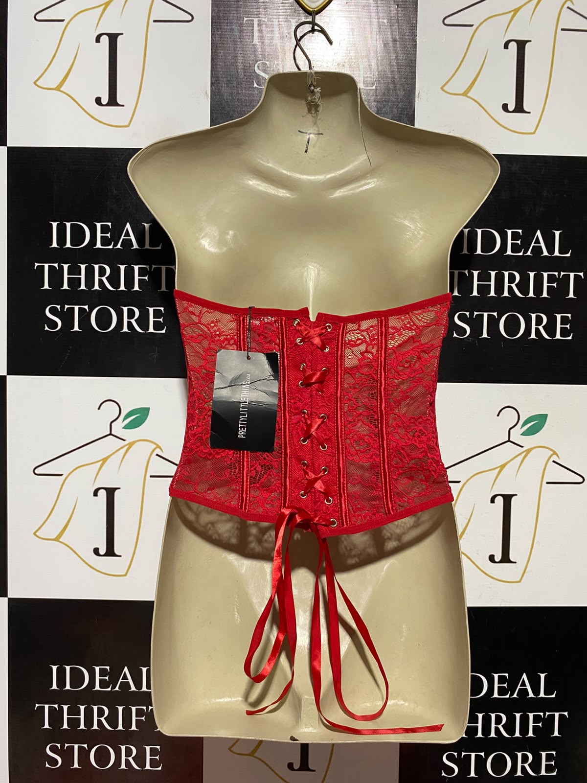 PRETTYLITTLE THING |S| BUST 14| B45| VIBRANT RED SHEER LACE STRAPLESS CORSET TOP