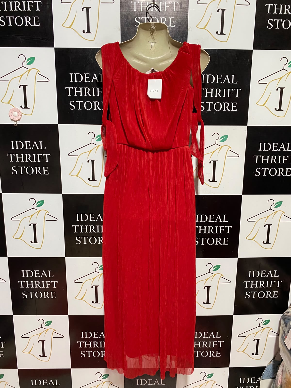 NEXT |S| BUST 16| B47| WOMEN'S VIBRANT RED PLEATED COWL NECK MAXI DRESS TIE STRAPS