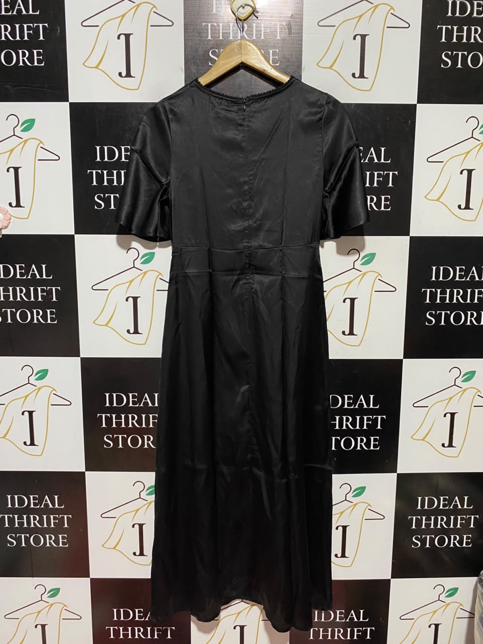 INFLUENCE |S| BUST 16| B47| WOMEN'S BLACK SATIN SHORT FLUTTER SLEEVE EMPIRE WAIST MIDI DRESS