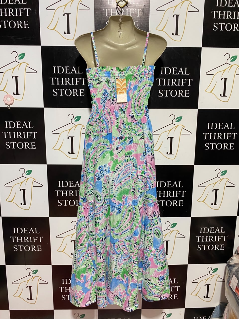 FLOWER FEVER |XS| BUST 15| B47| WOMEN'S MULTICOLOR PAISLEY FLORAL SMOCKED CAMI MAXI DRESS