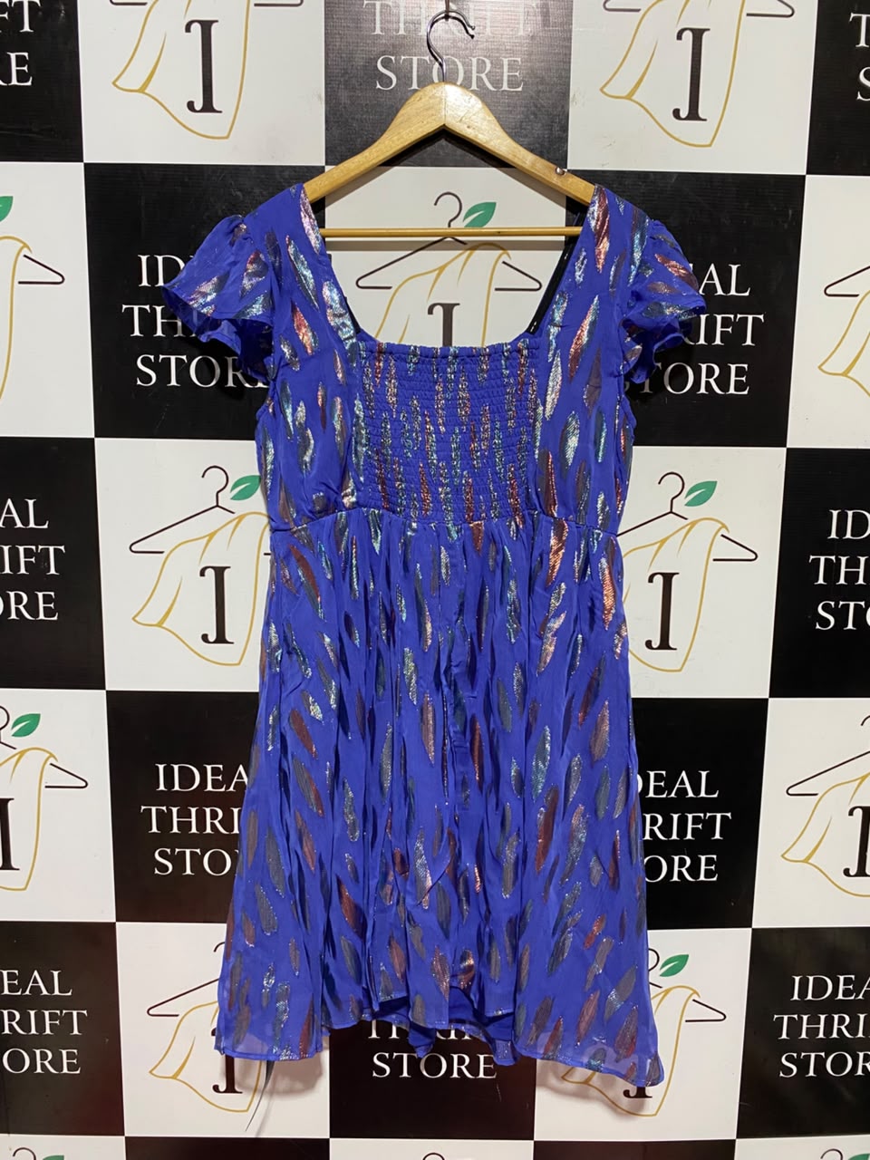 DUSK |M| BUST 19| B47| WOMEN'S ROYAL BLUE METALLIC FOIL PRINT FLUTTER SLEEVE MINI DRESS NWT