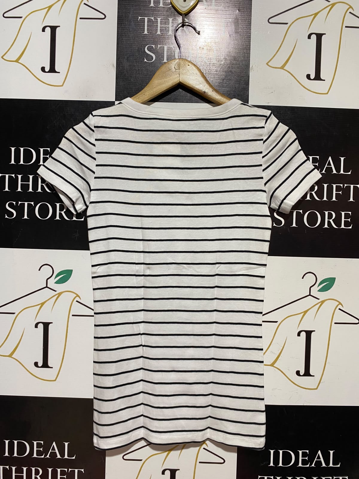 THE BASICS |XS| BUST 14| B46| STRIPED HENLEY T-SHIRT WHITE WITH BLACK STRIPES SHORT SLEEVE