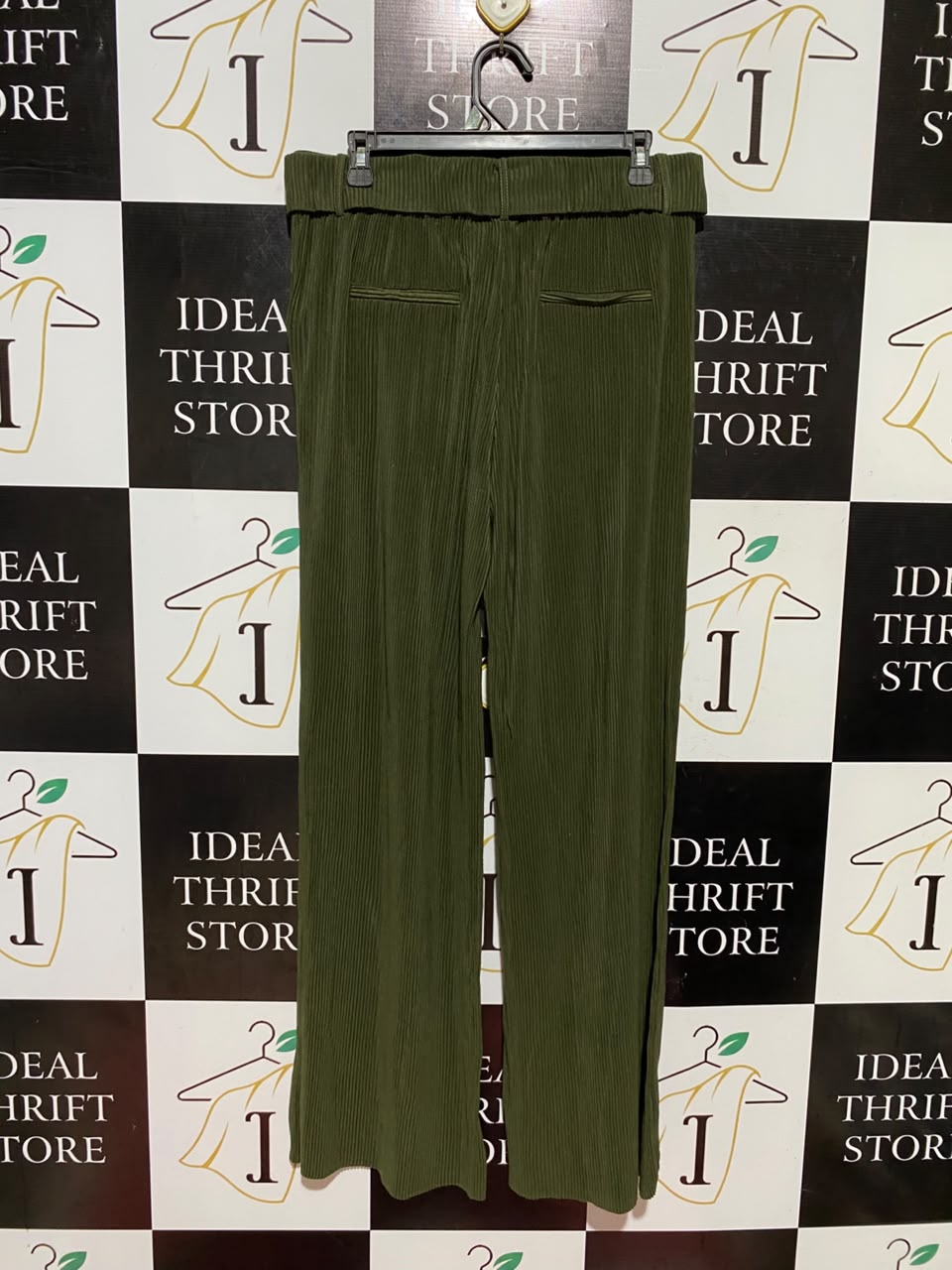 CORTEFIEI |L| WAIST 32| B46| OLIVE GREEN PLISSE PLEATED WIDE LEG TROUSERS PANTS WITH BELT