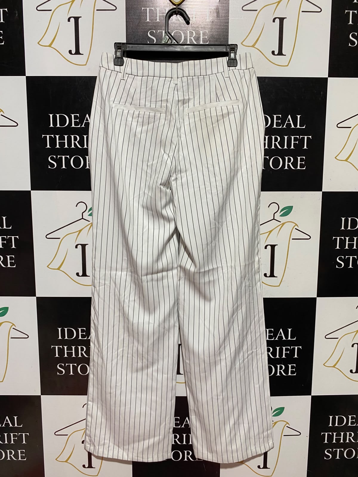 SUPRE |L| WAIST 30| B48| CHIC WHITE AND BLACK PINSTRIPE WIDE-LEG TAILORED TROUSERS