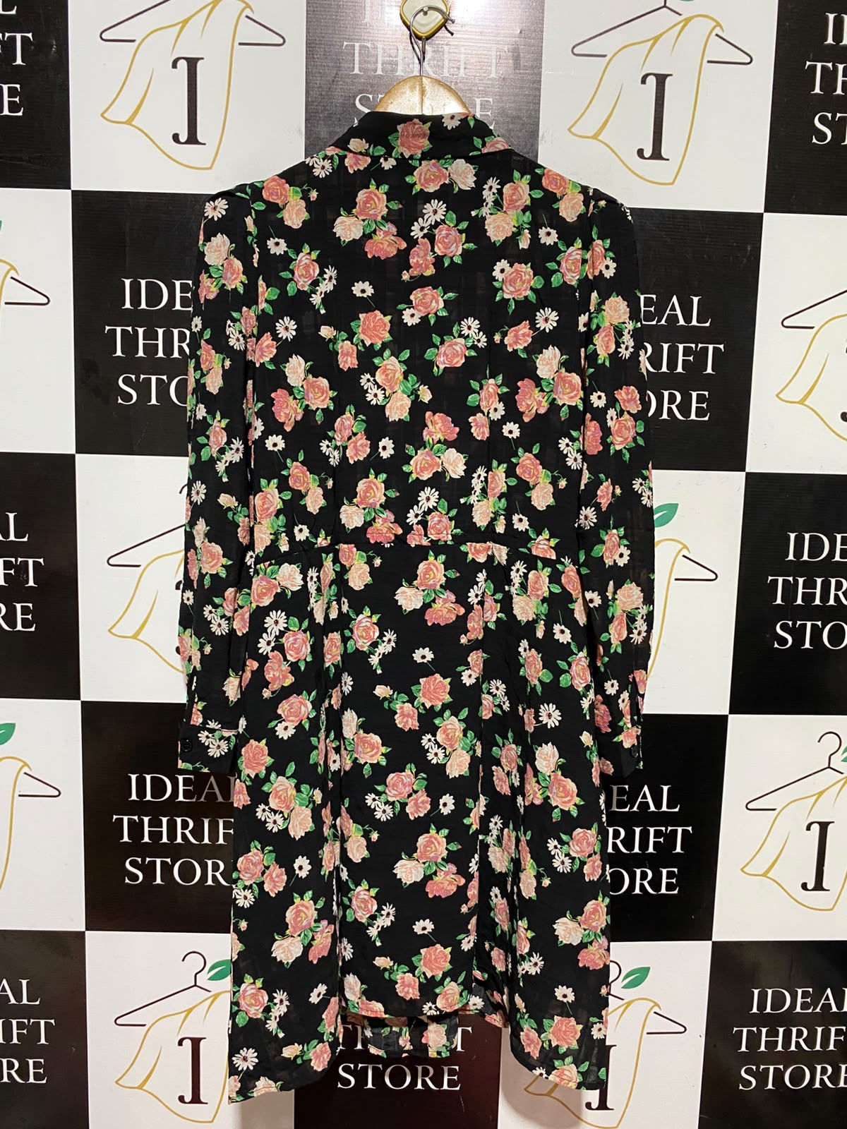 ELLI WHITE |L| BUST 21| B48| BLACK FLORAL BUTTON-DOWN MIDI SHIRT DRESS WITH TIE WAIST