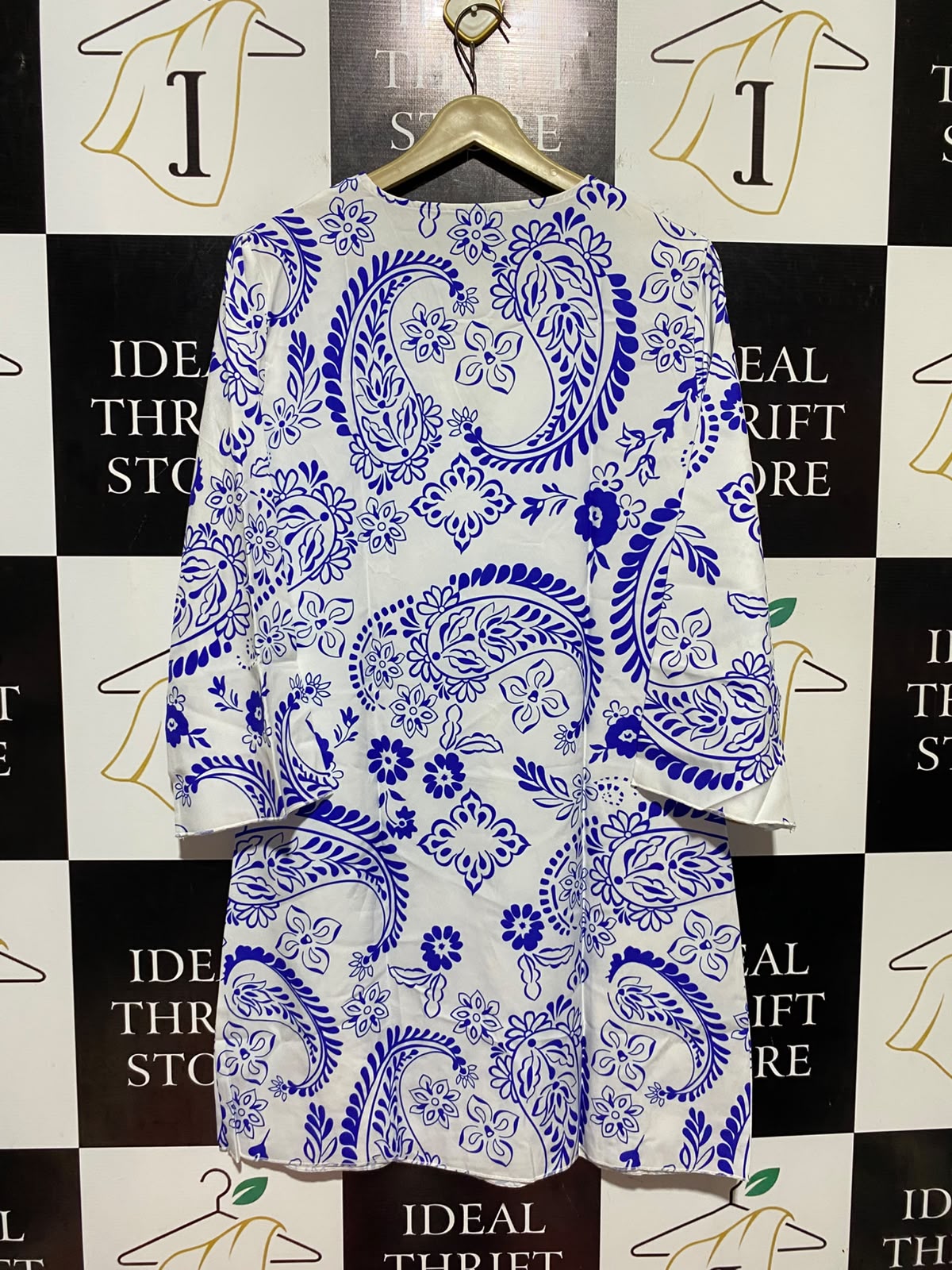 |M| BUST 19| B48| WHITE AND BLUE PAISLEY PRINT TUNIC KAFTAN DRESS
