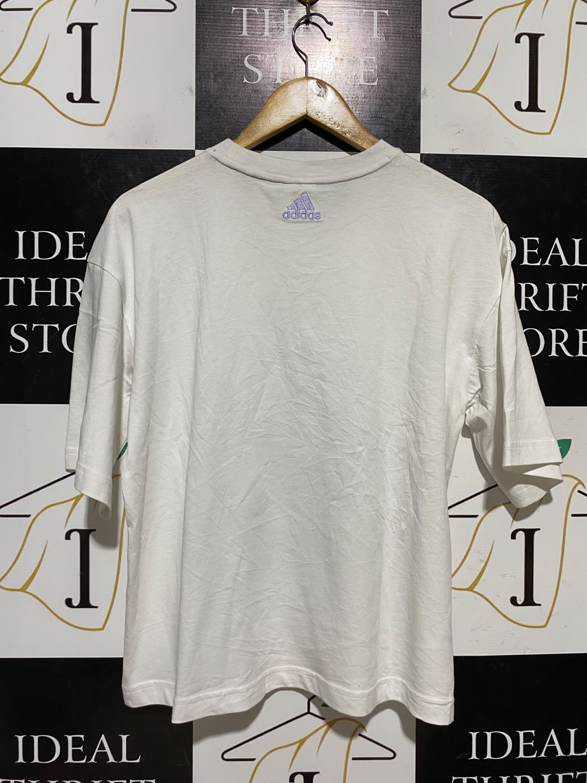 ADIDAS |S| BUST 21| B47| OVERSIZED GRAPHIC T-SHIRT - WHITE WITH PURPLE LAVENDER SKETCH LOGO