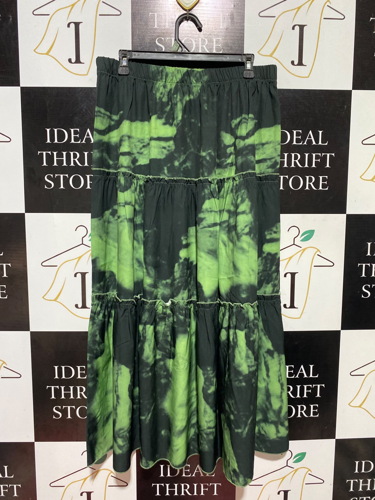 SHEIN CURVE |XL| WAIST 32| B47| BLACK AND NEON LIME GREEN TIE-DYE ABSTRACT PRINT LONG SKIRT