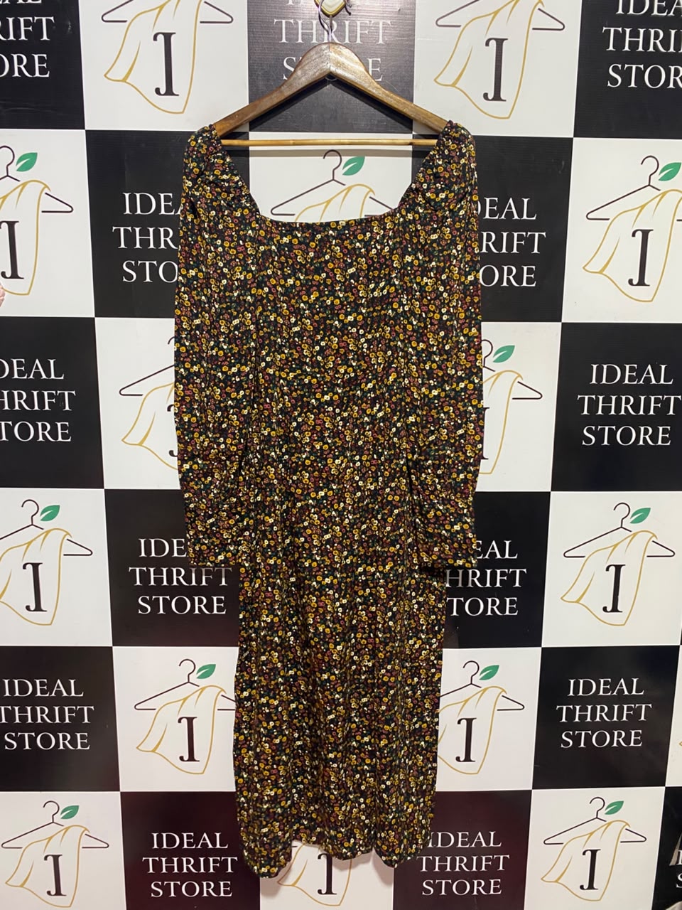 HOUSE BRAND |L| BUST 16| B49|WOMEN'S DITSY FLORAL MIDI DRESS - SQUARE NECK LONG SLEEVE SIDE SLIT BLACK CASUAL DRESS