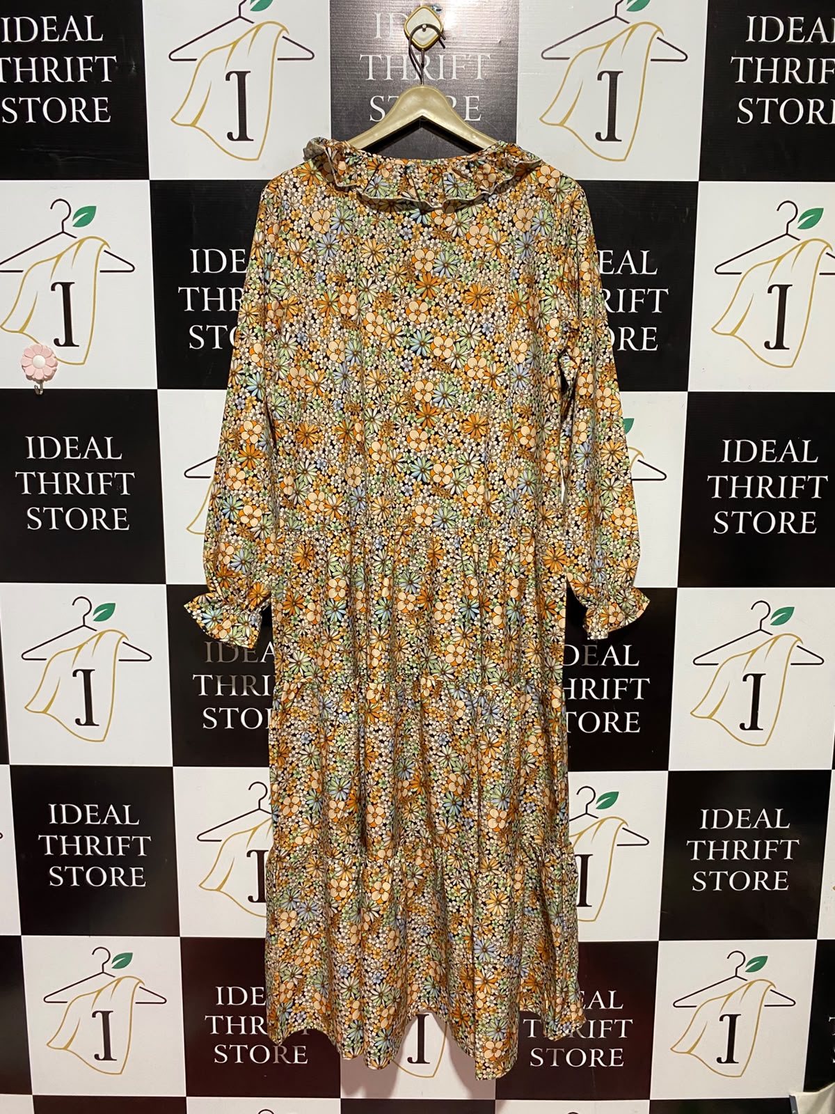 |L| BUST 20| B49| RETRO FLORAL TIERED MIDI DRESS - RUFFLE COLLAR TIE FRONT LONG SLEEVE CASUAL MAXI DRESS
