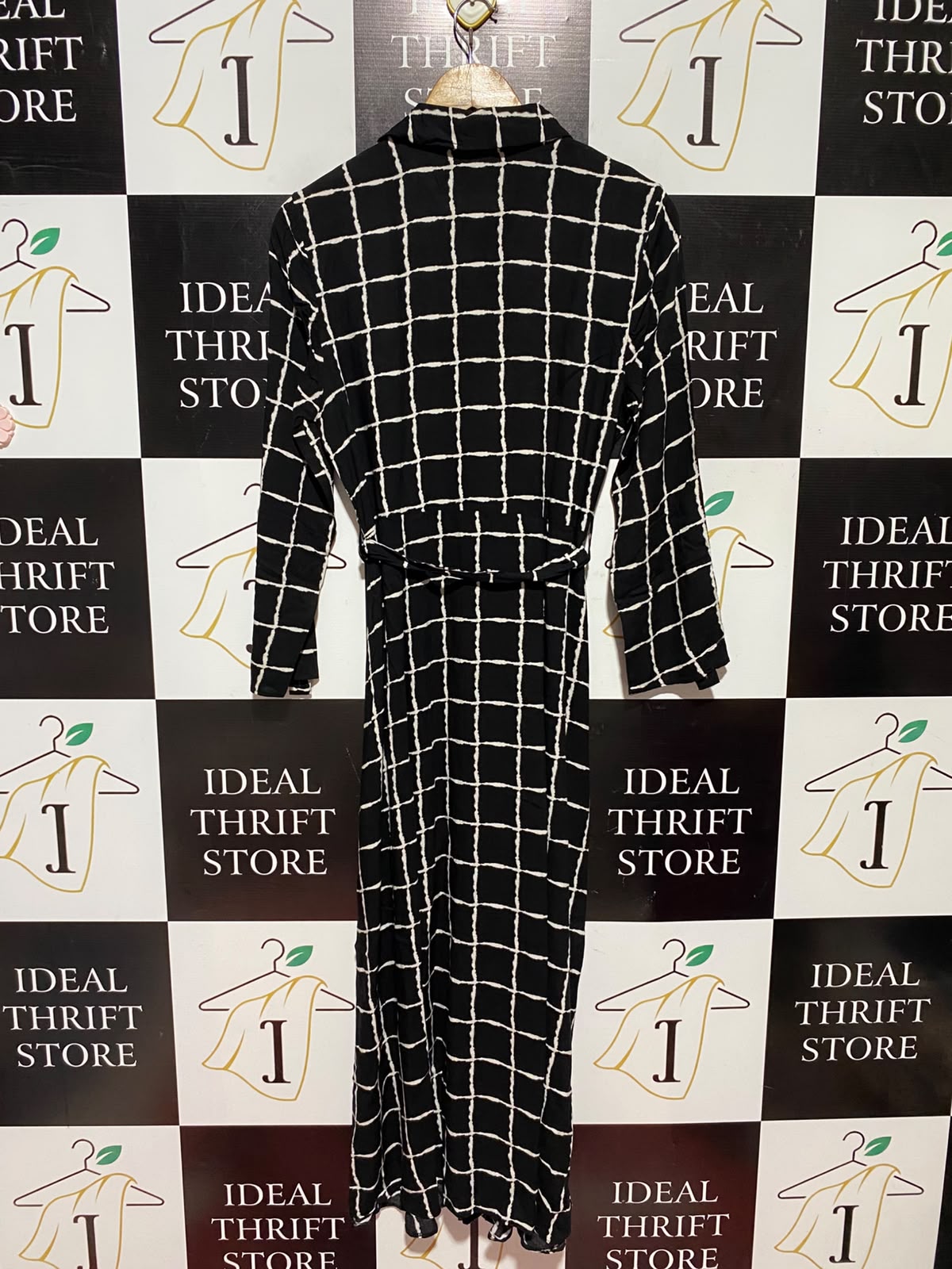 PRIMARK |M| BUST 19| B49| BLACK & WHITE GRID SHIRT DRESS - MIDI MAXI BELTED BUTTON FRONT LONG SLEEVE DRESS