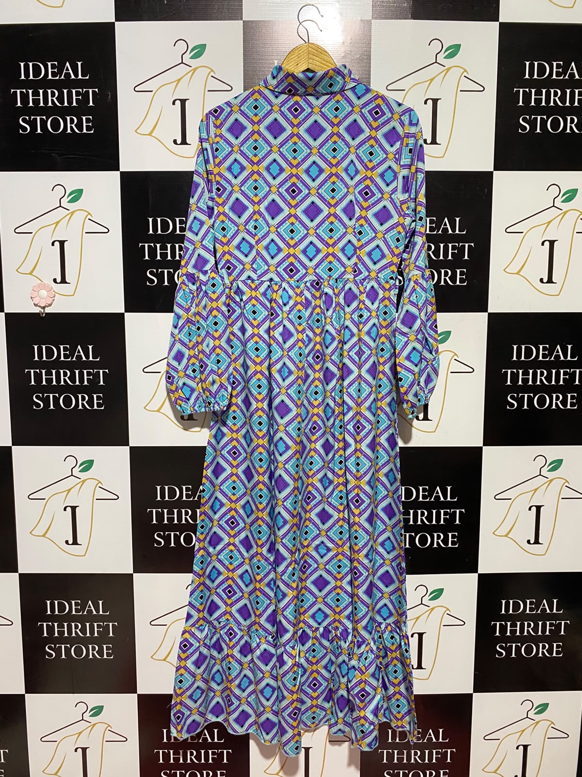 SHEIN |M| BUST 17| B49| VIBRANT RETRO GEOMETRIC PRINT MAXI SHIRT DRESS WITH LONG SLEEVES