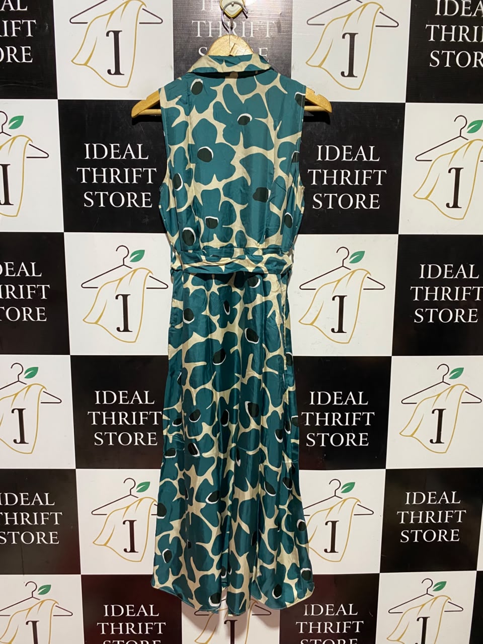 JAEGER |M| BUST 18| B48| CHIC TEAL ABSTRACT FLORAL SLEEVELESS SHIRT DRESS WITH MATCHING BELT