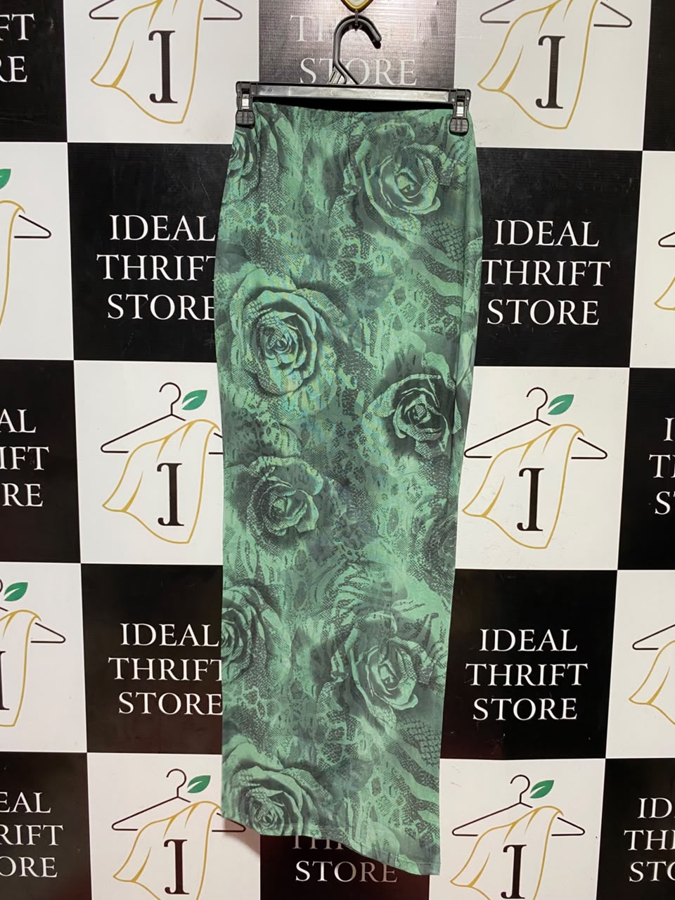 SHEIN |XS| WAIST 23| B48| EMERALD GREEN ROSE PRINT MAXI SKIRT WITH REPTILE TEXTURE DETAIL