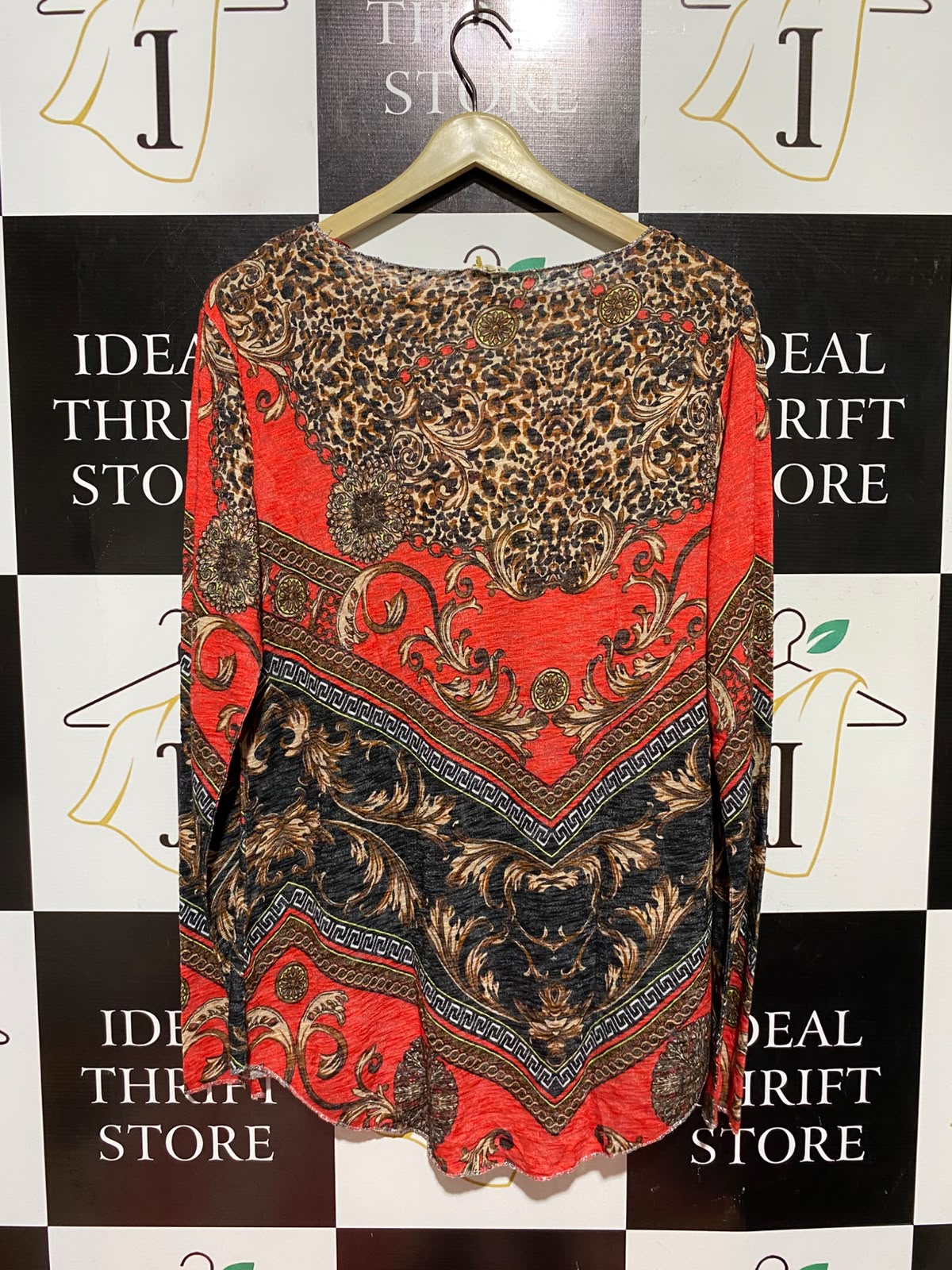 KEY LARGO |M| BUST 18| B49| BAROQUE AND LEOPARD PRINT LONG SLEEVE TOP IN VIBRANT RED AND BLACK