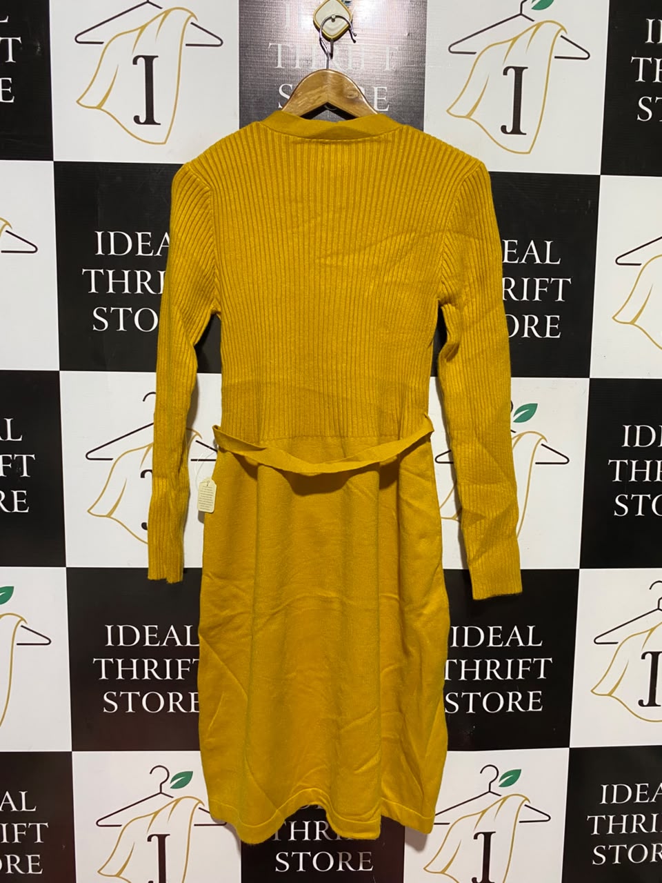 YUMI |M| BUST 14| B49| MUSTARD YELLOW RIBBED KNIT LONG SLEEVE SWEATER DRESS WITH TIE BELT